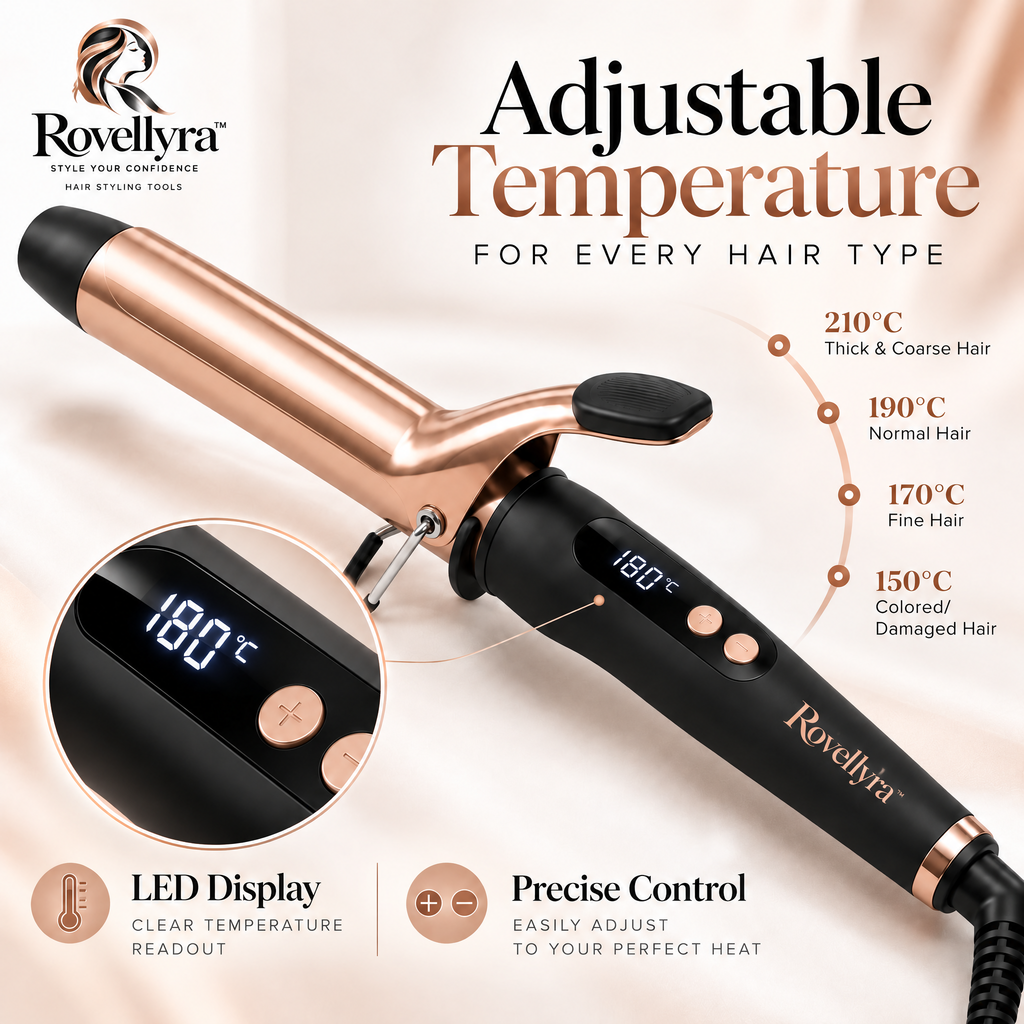 Rovellyra™ VelvetWave Ceramic Curling Iron – Adjustable-Temperature Hair Curler for Soft Waves, Defined Curls & Polished Everyday Styling