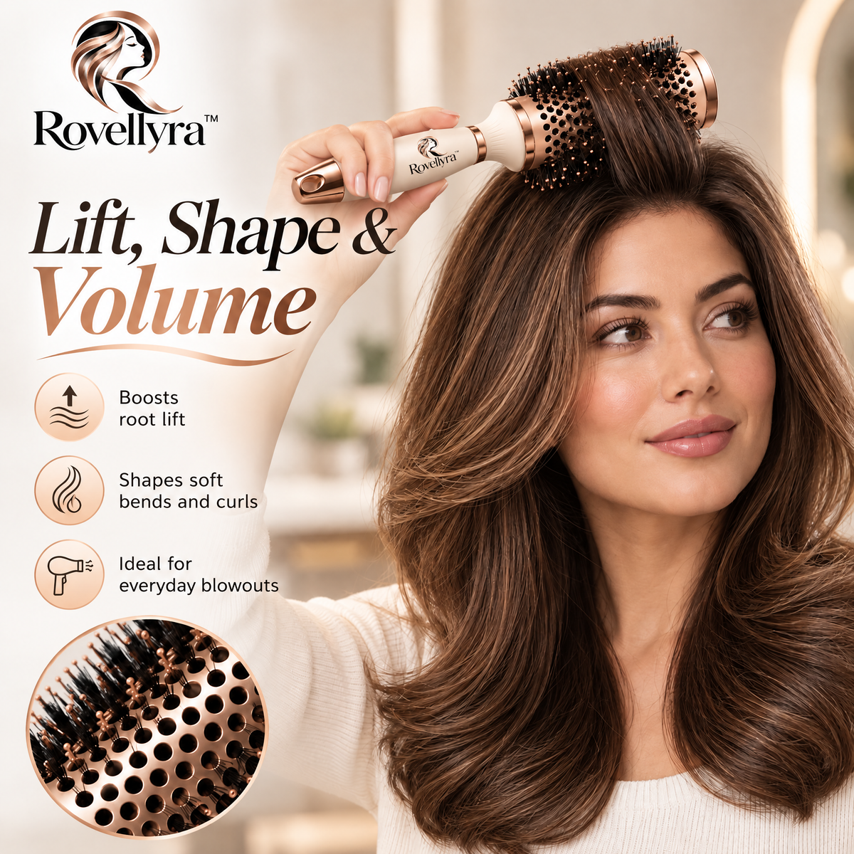Rovellyra™ VolumeArc Round Styling Brush – Vented Blow-Dry Hair Brush for Root Lift, Smooth Volume, Soft Curls & Rounded Ends