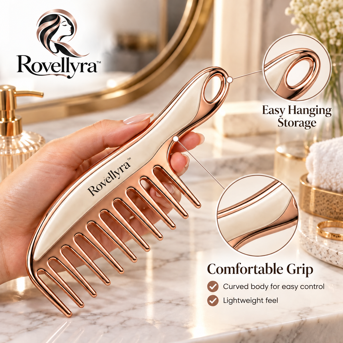 Rovellyra™ EasyGlide Wide-Tooth Comb – Gentle Detangling Comb for Wet, Dry, Curly, Wavy & Thick Hair
