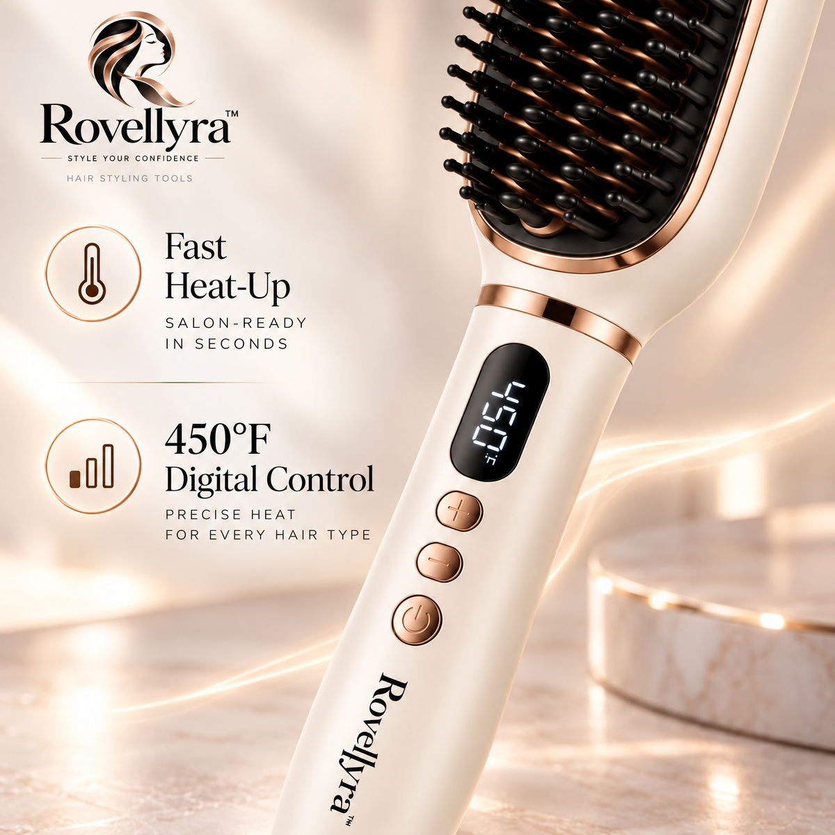 Rovellyra™ SilkenGlide Heated Straightening Brush – Adjustable-Temperature Hair Smoothing Comb for Sleek, Polished & Naturally Straight Styles