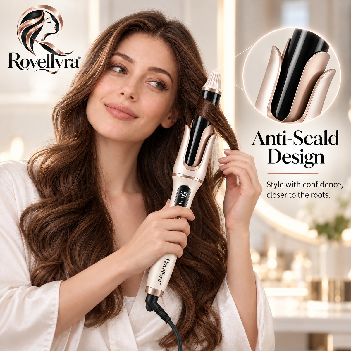 Rovellyra™ AutoTwist Automatic Hair Curler – One-Touch Rotating Curling Styler with Adjustable Heat, Curl Direction & Timing Control