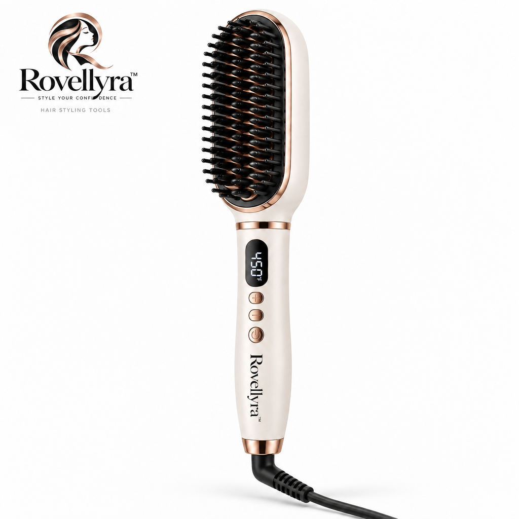 Rovellyra™ SilkenGlide Heated Straightening Brush – Adjustable-Temperature Hair Smoothing Comb for Sleek, Polished & Naturally Straight Styles