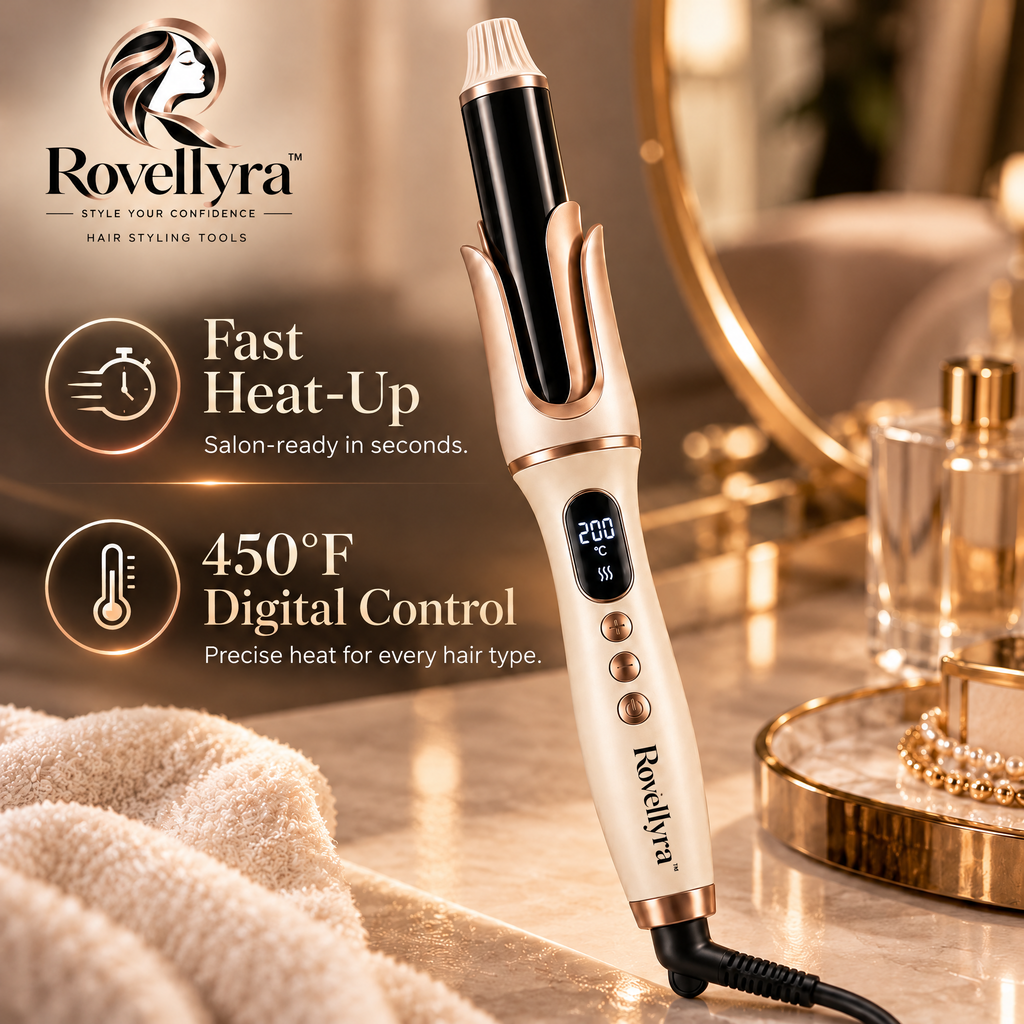 Rovellyra™ AutoTwist Automatic Hair Curler – One-Touch Rotating Curling Styler with Adjustable Heat, Curl Direction & Timing Control