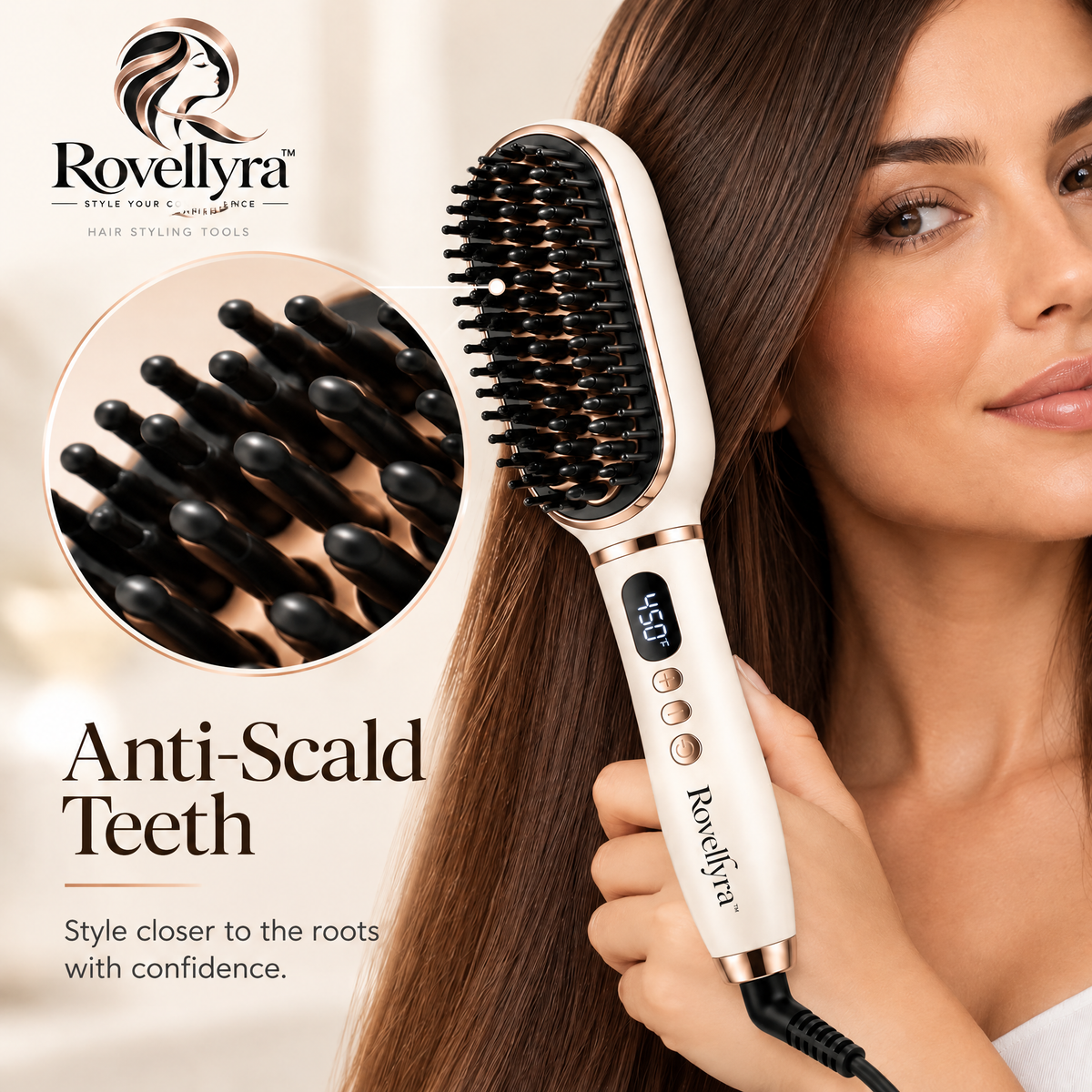 Rovellyra™ SilkenGlide Heated Straightening Brush – Adjustable-Temperature Hair Smoothing Comb for Sleek, Polished & Naturally Straight Styles