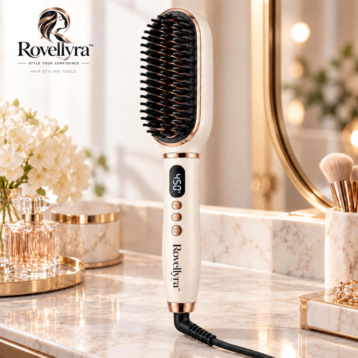 Rovellyra™ SilkenGlide Heated Straightening Brush – Adjustable-Temperature Hair Smoothing Comb for Sleek, Polished & Naturally Straight Styles