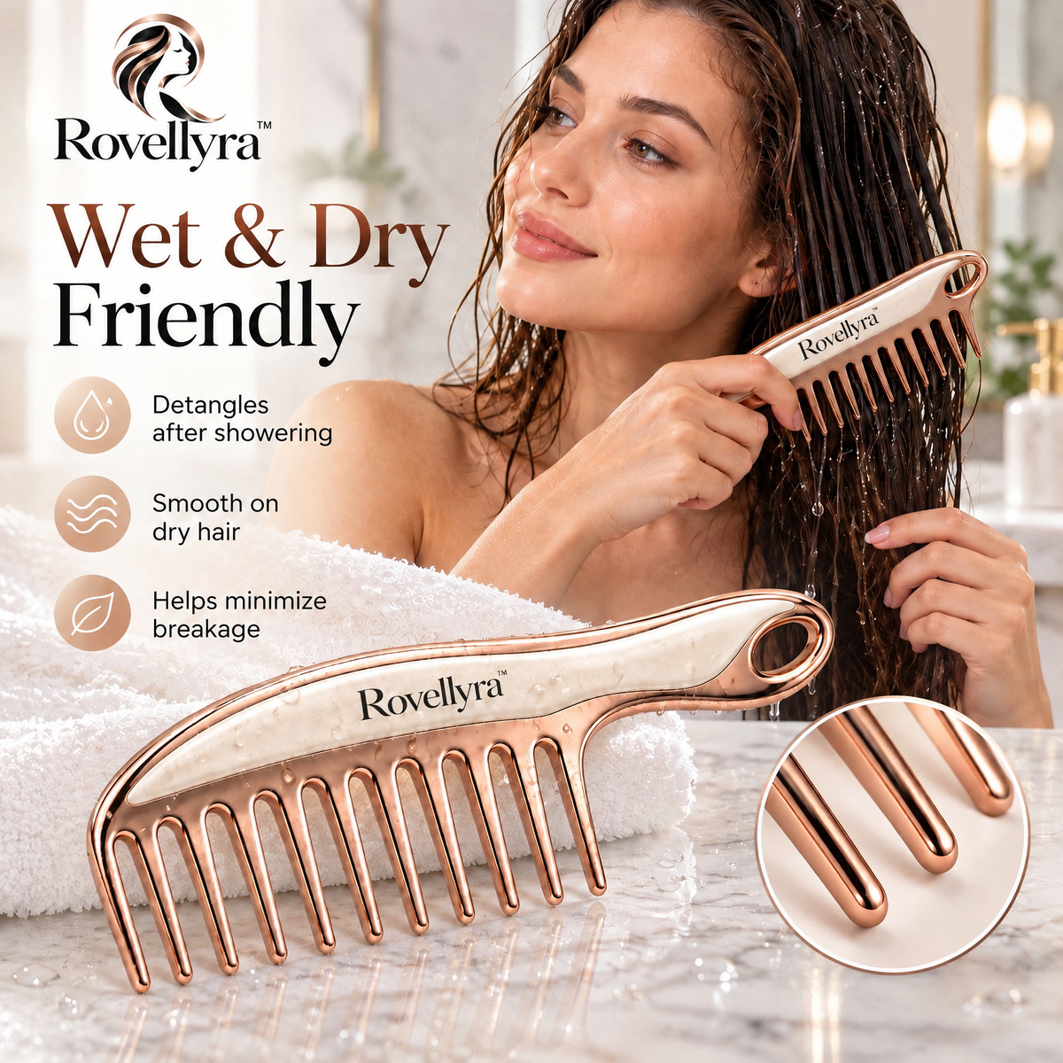 Rovellyra™ EasyGlide Wide-Tooth Comb – Gentle Detangling Comb for Wet, Dry, Curly, Wavy & Thick Hair