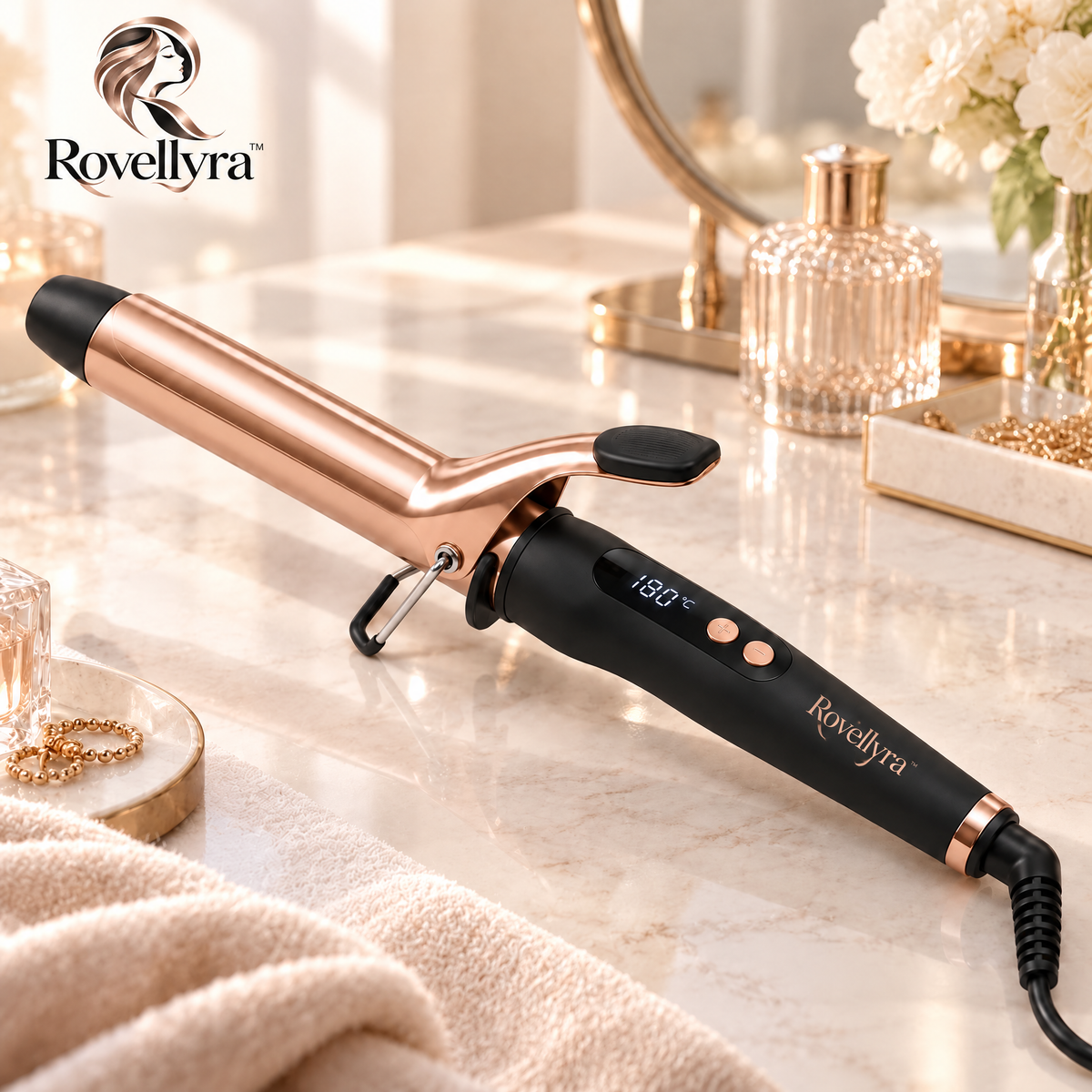Rovellyra™ VelvetWave Ceramic Curling Iron – Adjustable-Temperature Hair Curler for Soft Waves, Defined Curls & Polished Everyday Styling