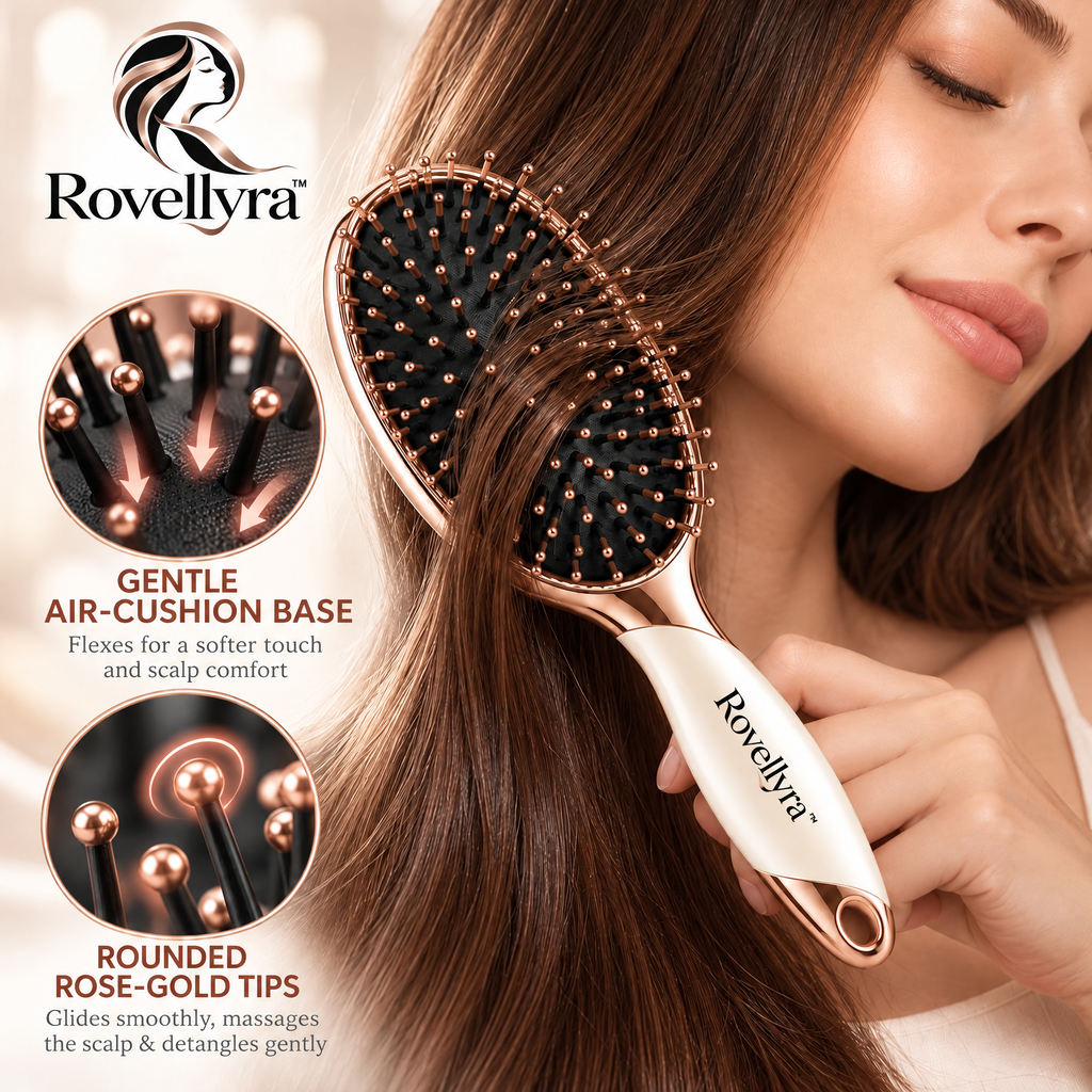 Rovellyra™ AirFlex Cushion Hair Brush – Soft-Pad Detangling & Scalp Massage Brush for Everyday Smoothing, Styling & Gentle Hair Care