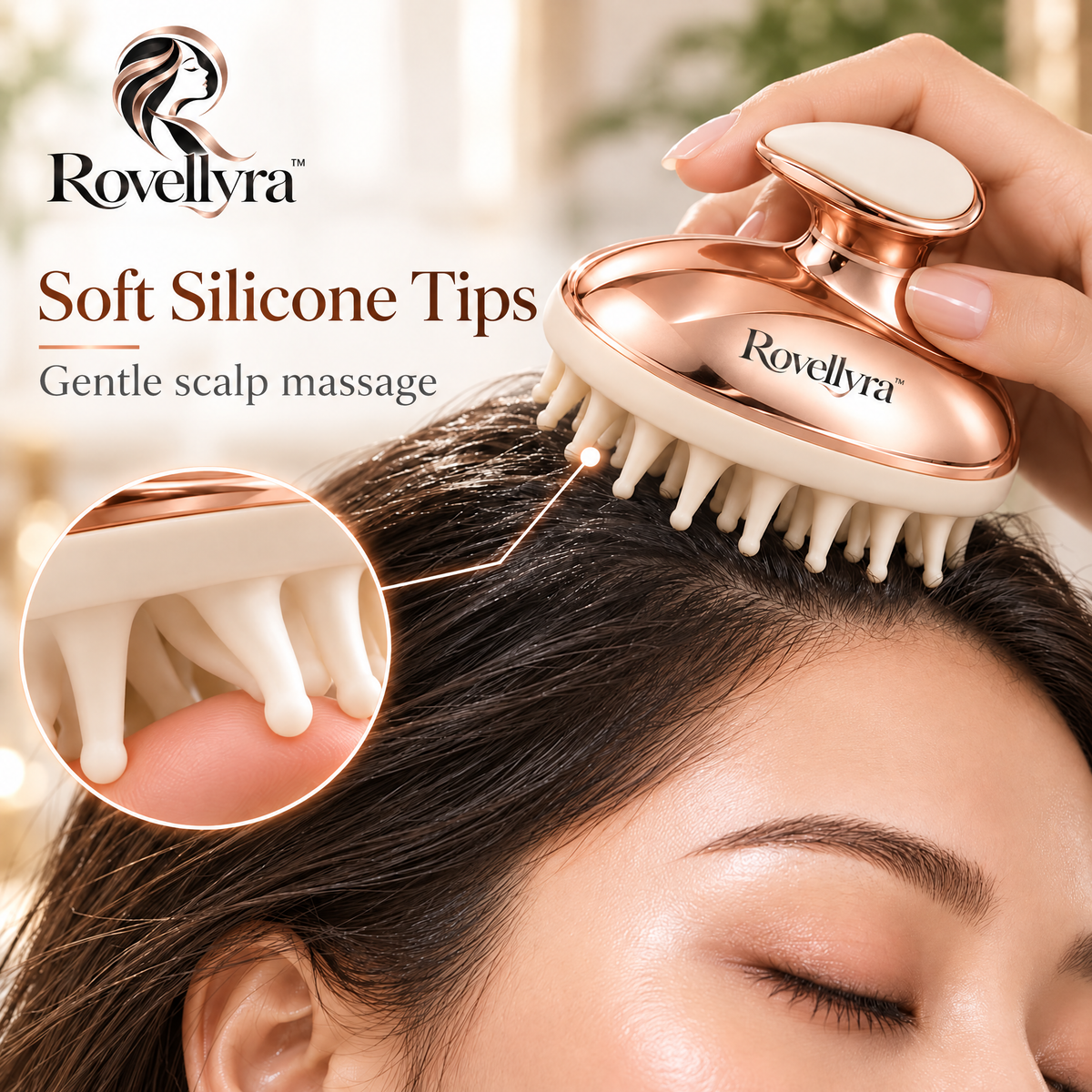 Rovellyra™ ScalpEase Massage Brush – Soft Silicone Shampoo & Scalp Scrubber for Wet or Dry Hair Care, Cleansing & Relaxing Massage