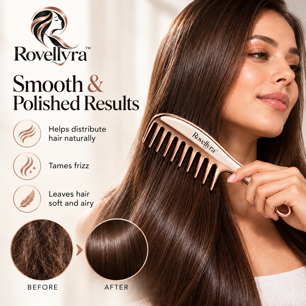 Rovellyra™ EasyGlide Wide-Tooth Comb – Gentle Detangling Comb for Wet, Dry, Curly, Wavy & Thick Hair