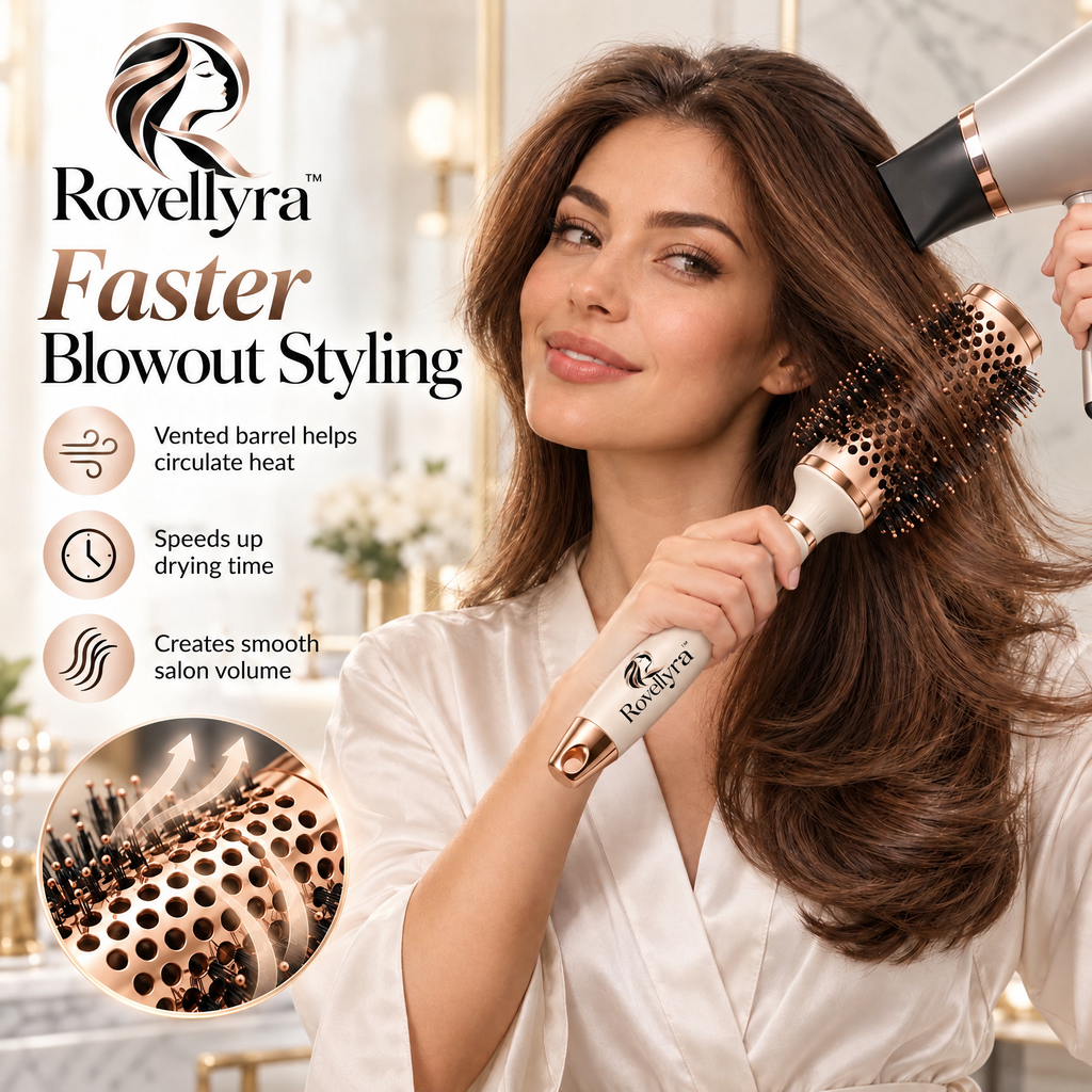 Rovellyra™ VolumeArc Round Styling Brush – Vented Blow-Dry Hair Brush for Root Lift, Smooth Volume, Soft Curls & Rounded Ends