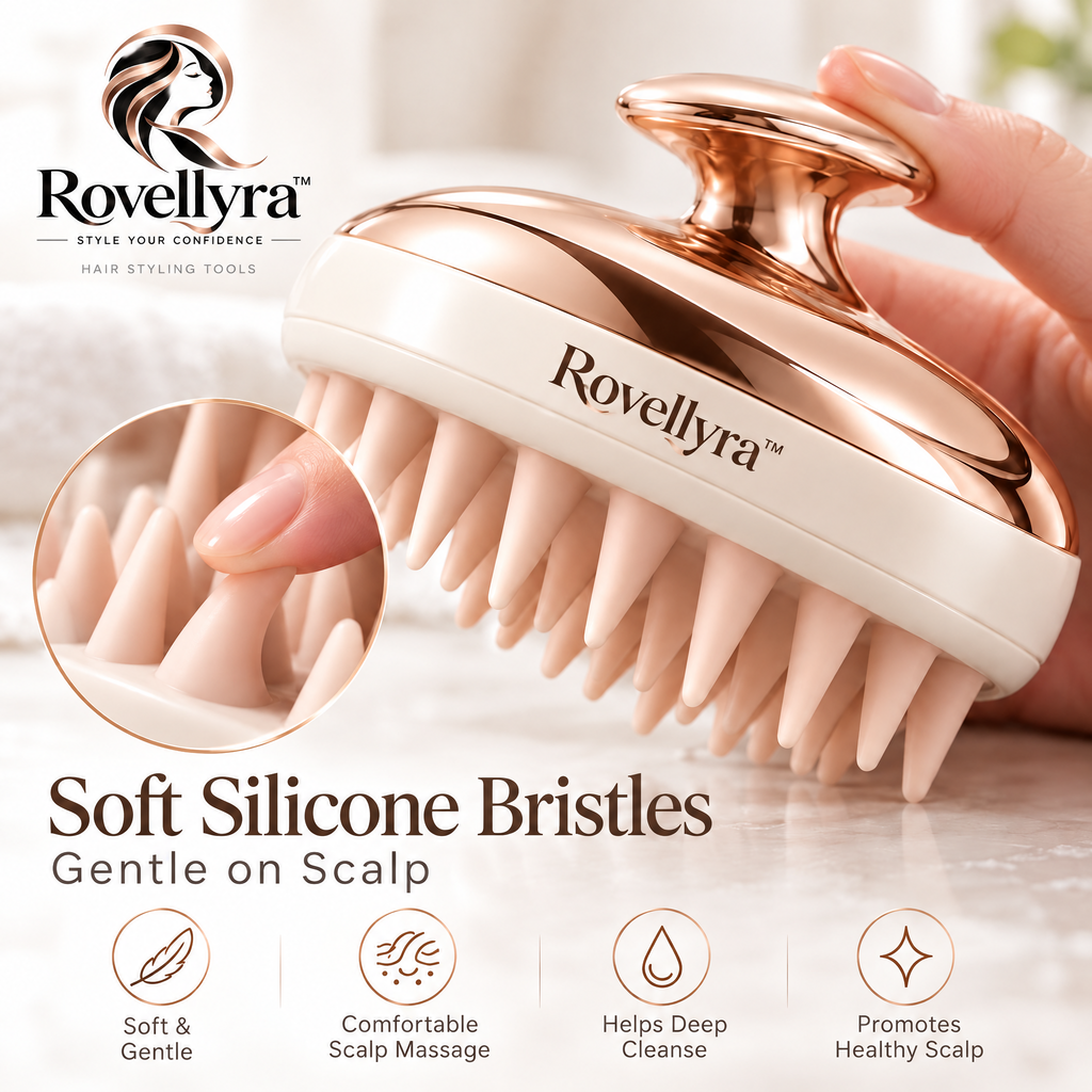 Rovellyra™ AquaLather Shampoo Massage Brush – Flexible Silicone Scalp Cleansing Scrubber for Deep Shampooing, Rich Lather & Comfortable Wash-Day Care
