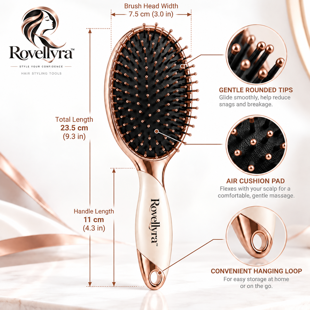 Rovellyra™ AirFlex Cushion Hair Brush – Soft-Pad Detangling & Scalp Massage Brush for Everyday Smoothing, Styling & Gentle Hair Care
