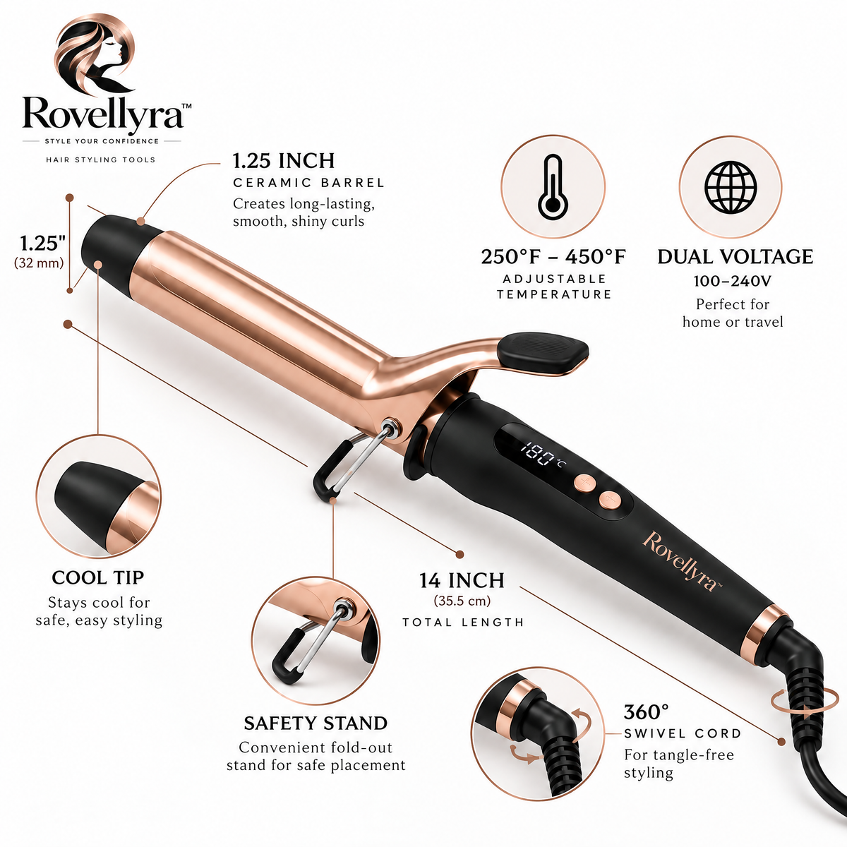 Rovellyra™ VelvetWave Ceramic Curling Iron – Adjustable-Temperature Hair Curler for Soft Waves, Defined Curls & Polished Everyday Styling