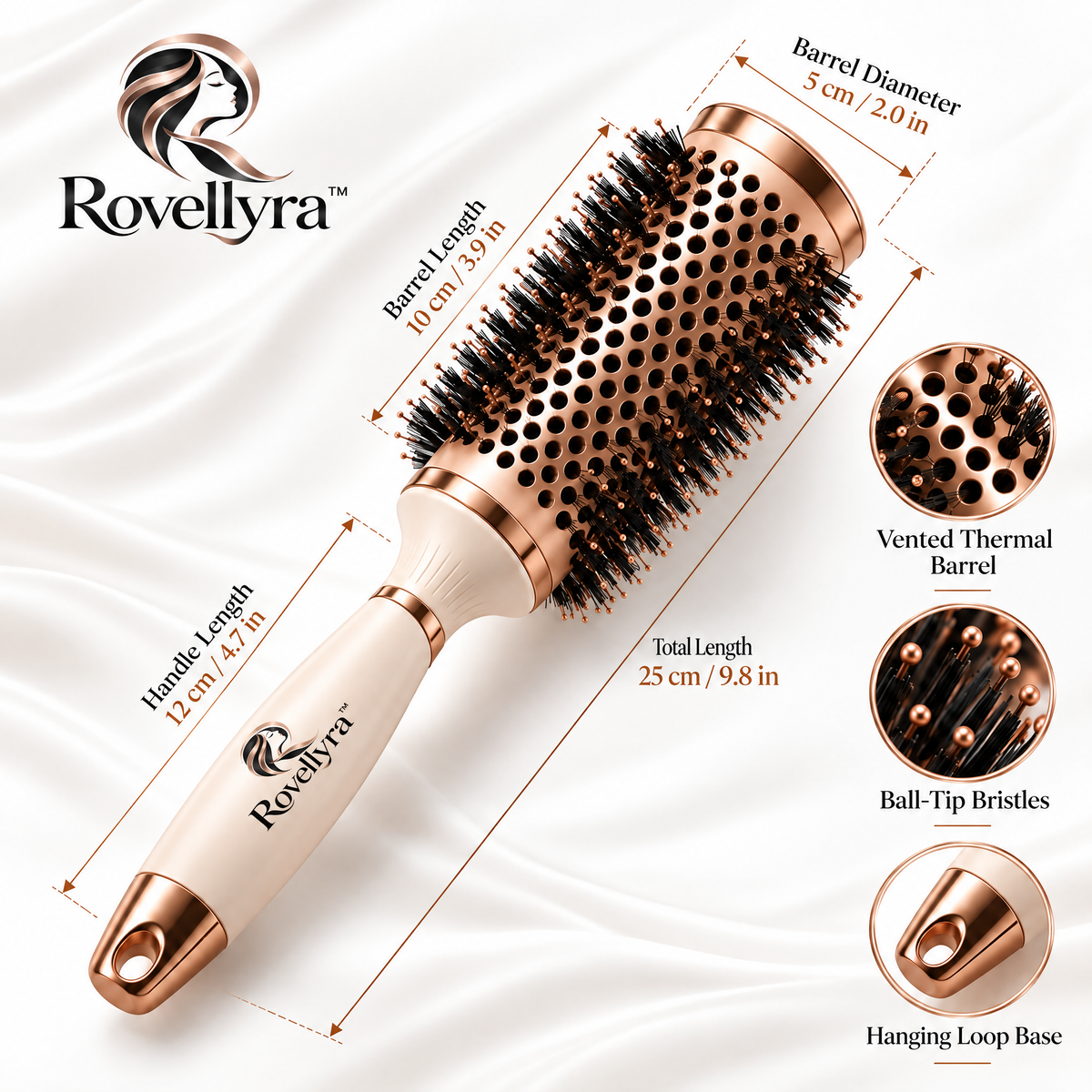 Rovellyra™ VolumeArc Round Styling Brush – Vented Blow-Dry Hair Brush for Root Lift, Smooth Volume, Soft Curls & Rounded Ends