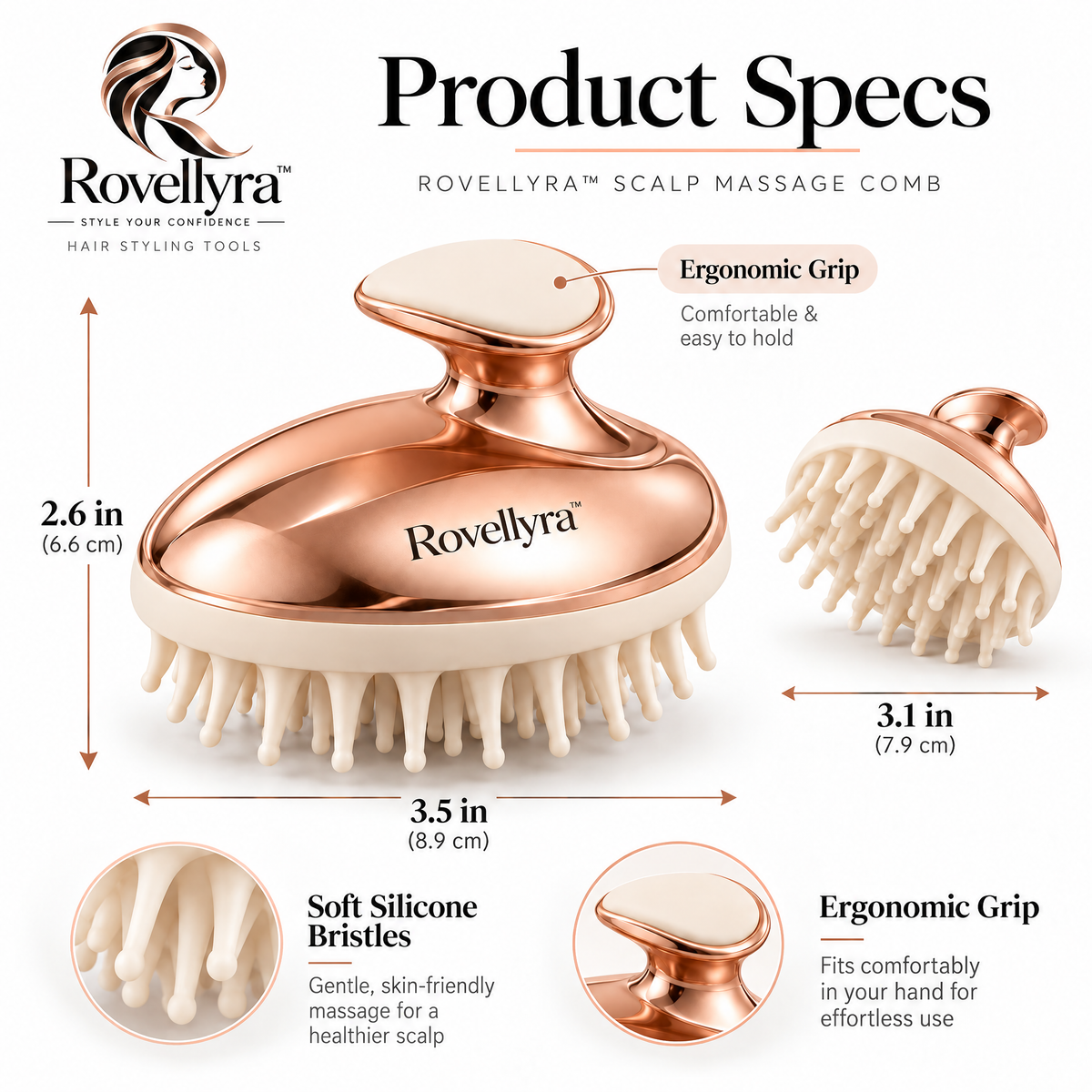Rovellyra™ ScalpEase Massage Brush – Soft Silicone Shampoo & Scalp Scrubber for Wet or Dry Hair Care, Cleansing & Relaxing Massage