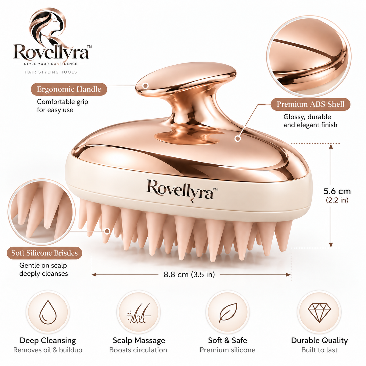 Rovellyra™ RootReset Scalp Cleansing Tool – Dual-Texture Silicone Scalp Scrubber for Buildup Removal, Root Cleaning & Wash-Day Care