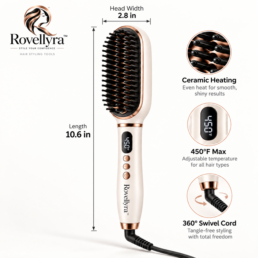 Rovellyra™ SilkenGlide Heated Straightening Brush – Adjustable-Temperature Hair Smoothing Comb for Sleek, Polished & Naturally Straight Styles