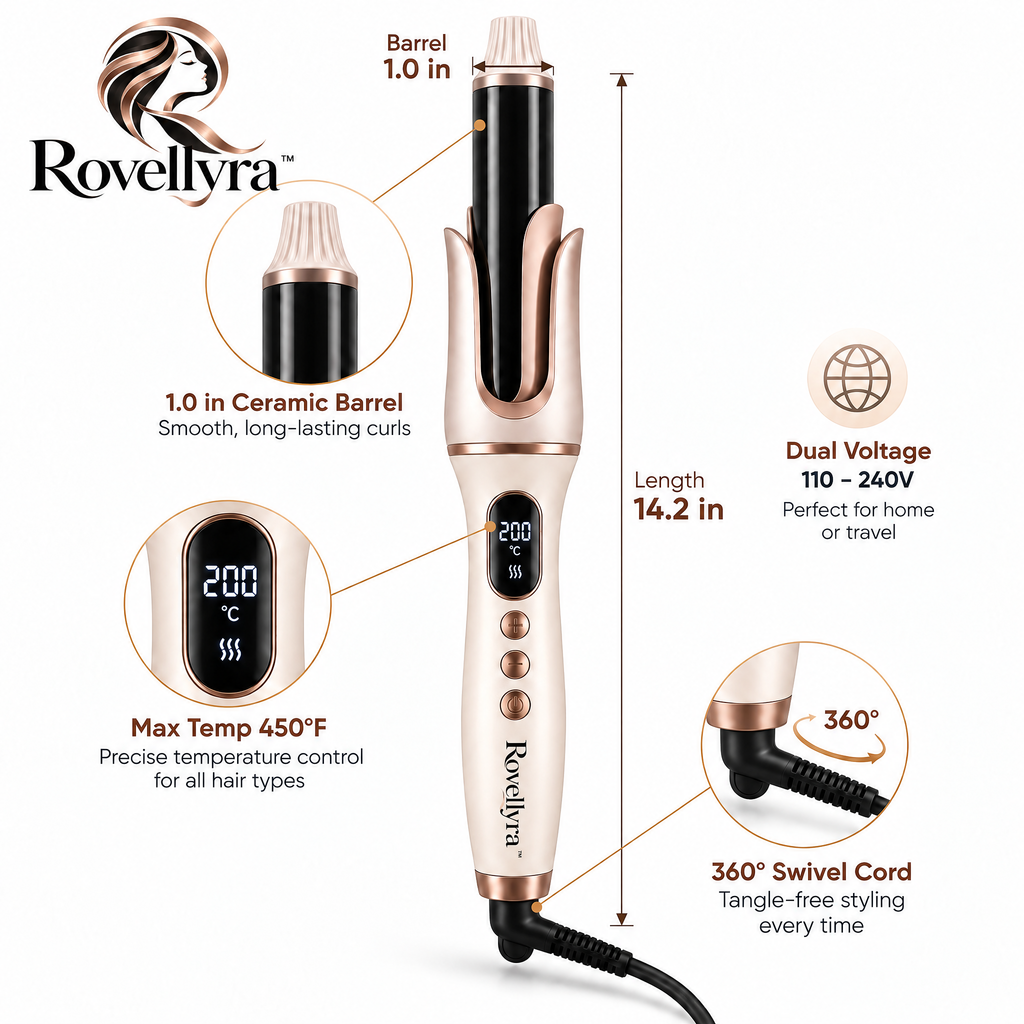 Rovellyra™ AutoTwist Automatic Hair Curler – One-Touch Rotating Curling Styler with Adjustable Heat, Curl Direction & Timing Control