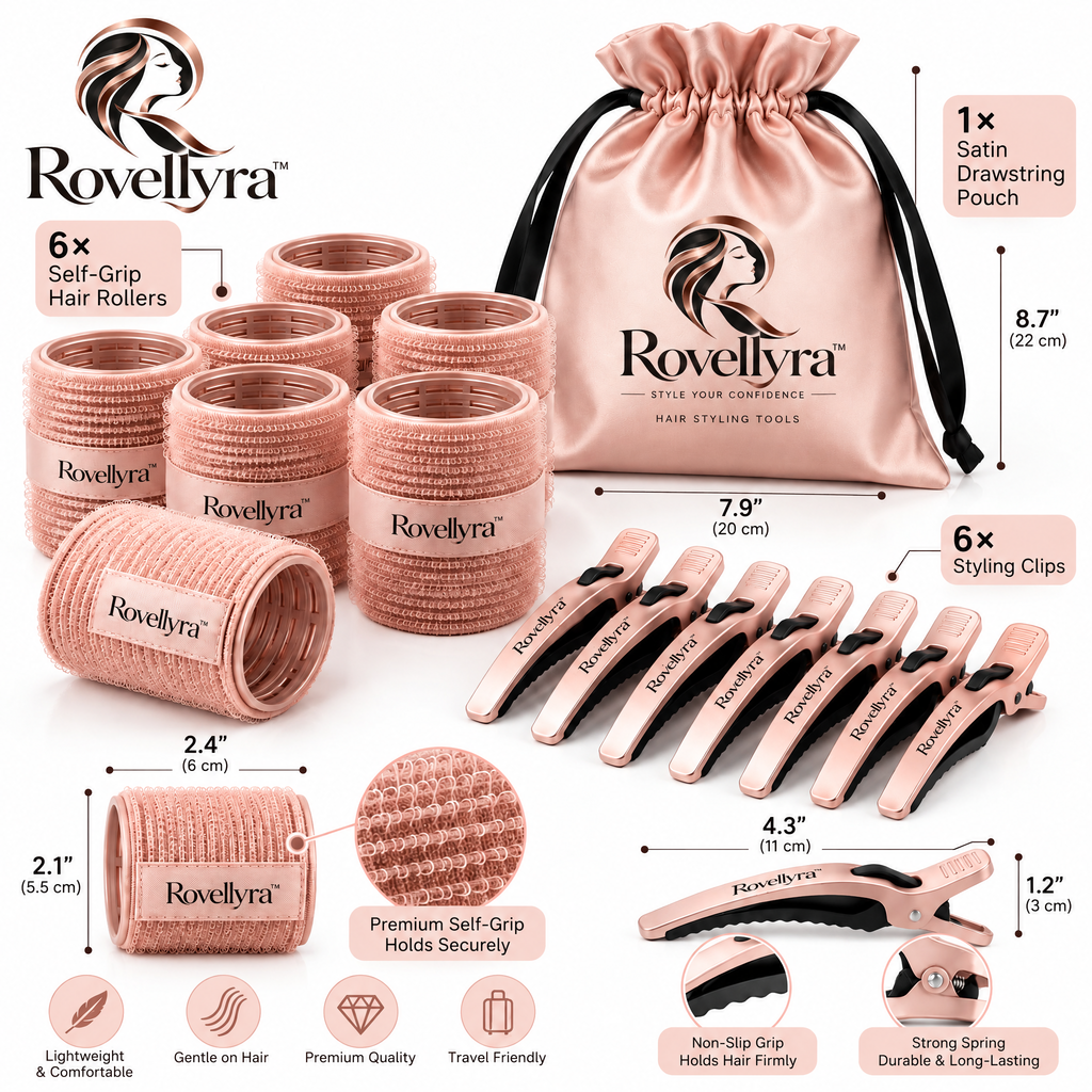 Rovellyra™ LiftRoll Self-Grip Hair Rollers – Lightweight Volume & Styling Rollers for Root Lift, Soft Curls, Bangs & Blowout-Inspired Shape