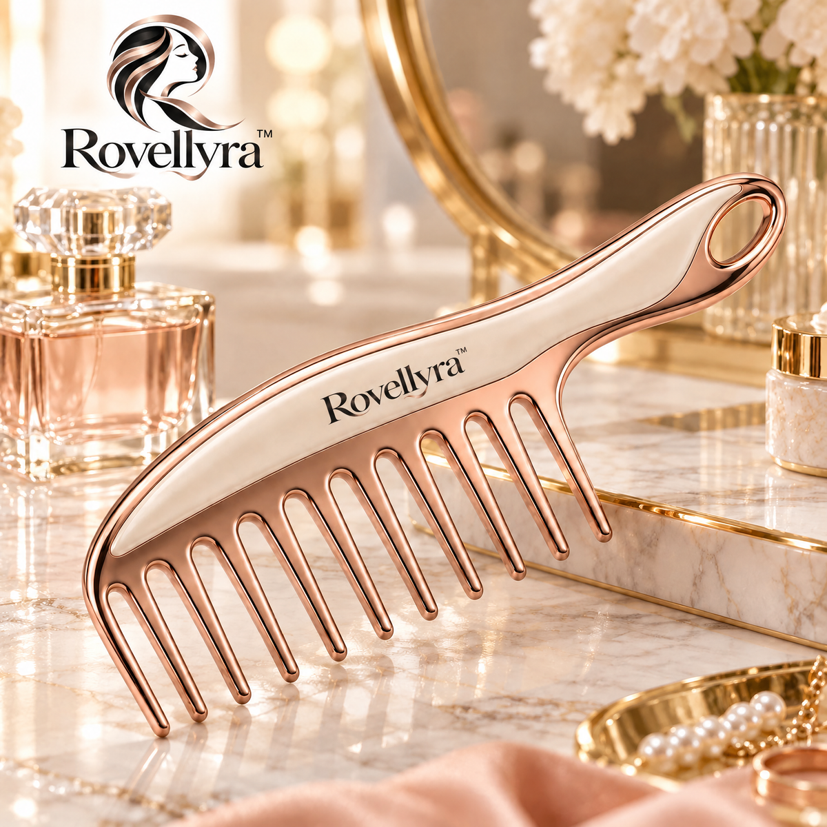 Rovellyra™ EasyGlide Wide-Tooth Comb – Gentle Detangling Comb for Wet, Dry, Curly, Wavy & Thick Hair